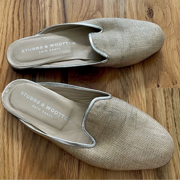 Stubbs and Wootton Leather Woven Metallic Neutral Silver Mules Slides Flats Sz 6 - Picture 2 of 6